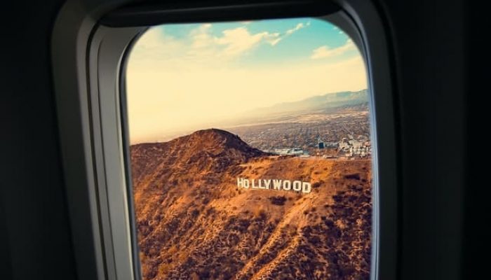 hollywood sign as seen from an airplane window